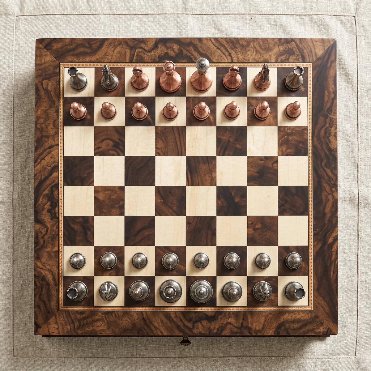 Jeu d'échecs avec tiroirs en Loupe de Noyer et d'Érable
