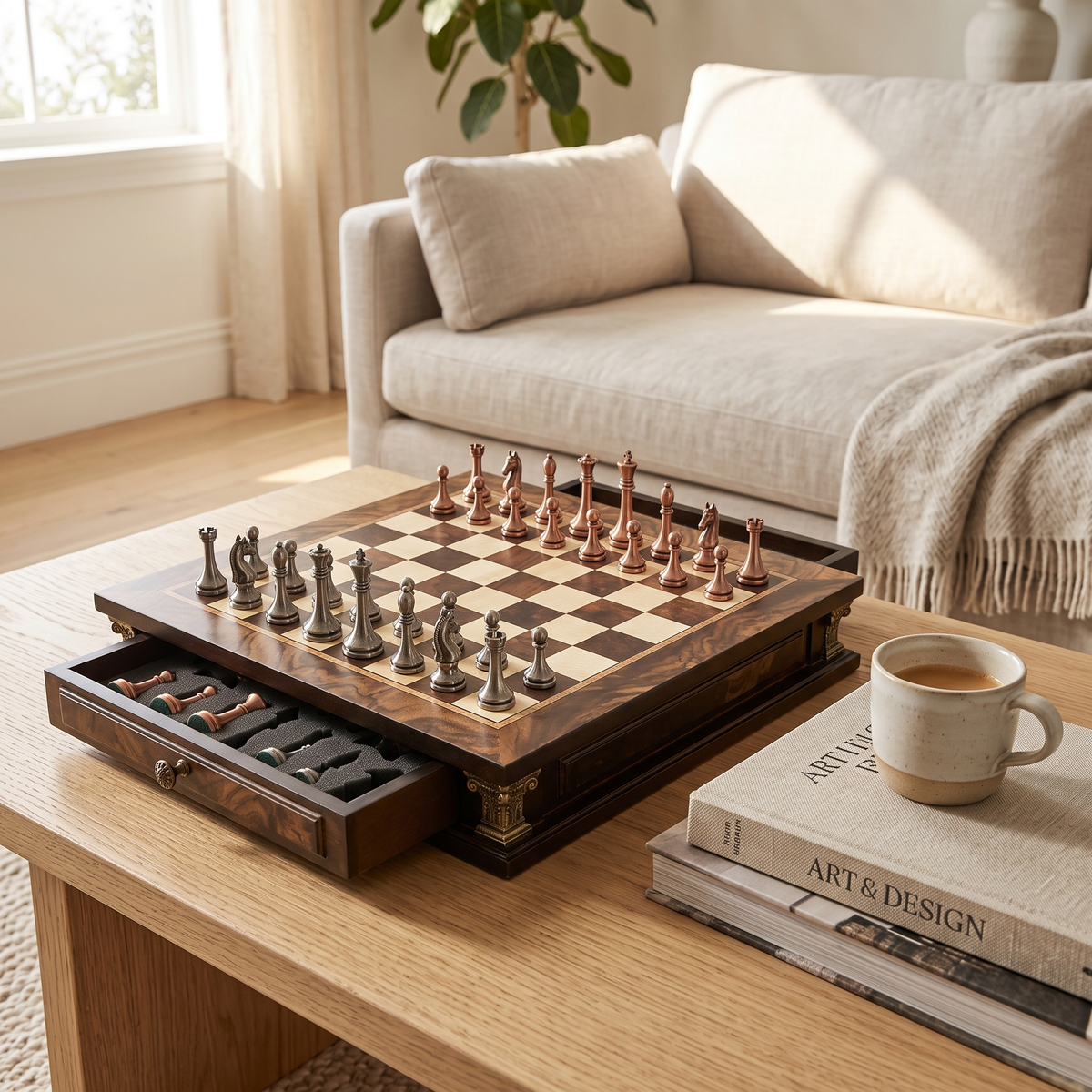 Jeu d'échecs avec tiroirs en Loupe de Noyer et d'Érable