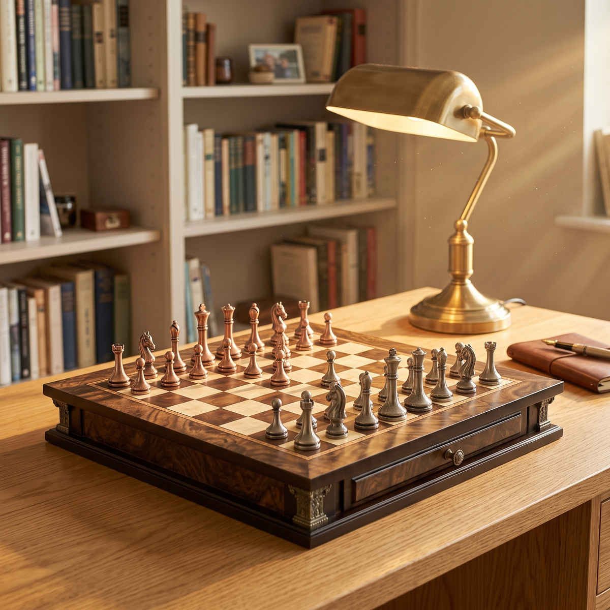Jeu d'échecs avec tiroirs en Loupe de Noyer et d'Érable