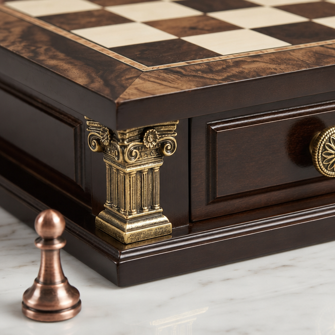 Jeu d'échecs avec tiroirs en Loupe de Noyer et d'Érable