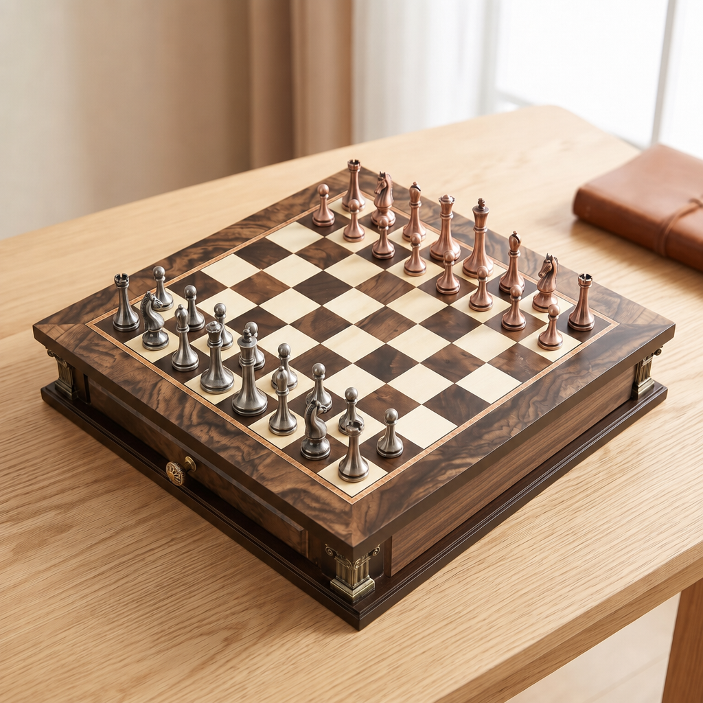 Jeu d'échecs avec tiroirs en Loupe de Noyer et d'Érable